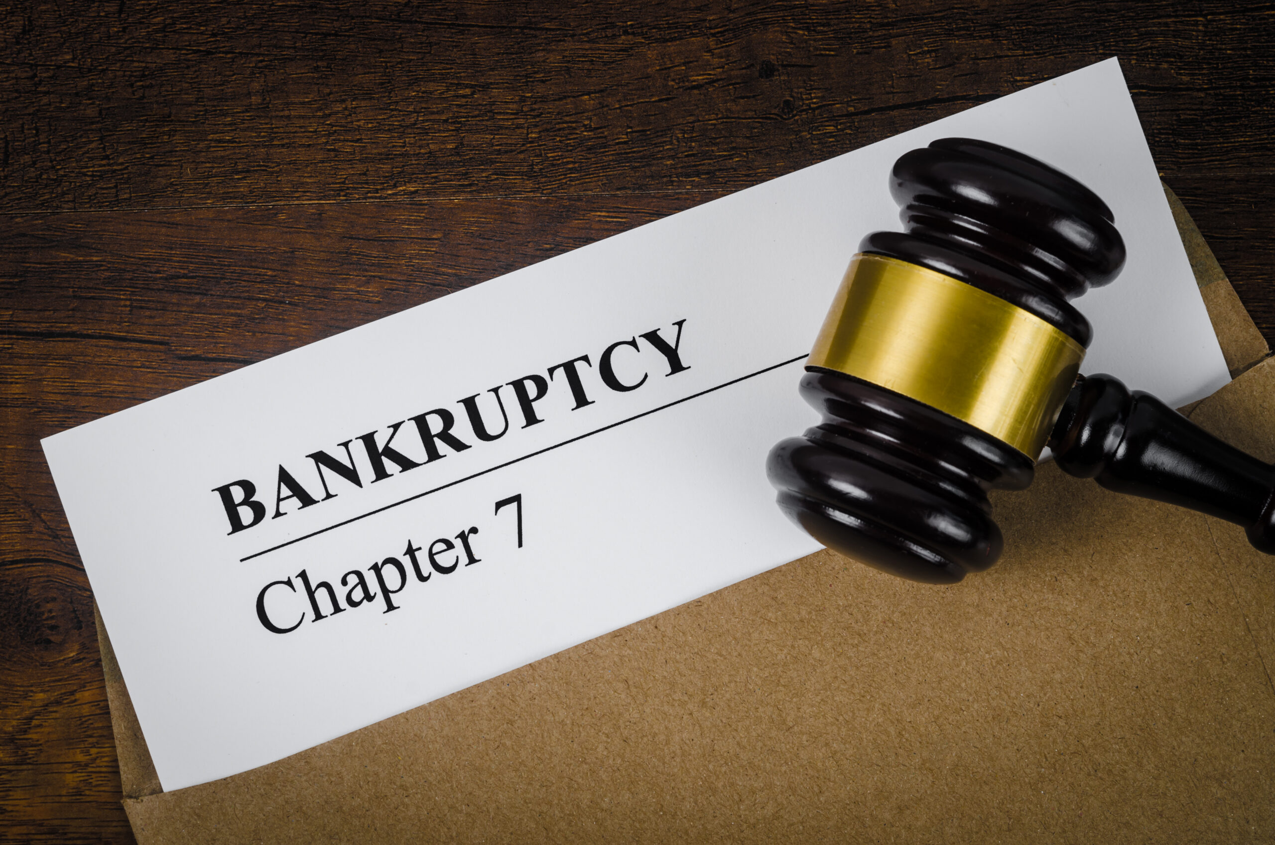 Bankcrupty Chapter 7 text on Document form and Wooden Gavel on office desk.